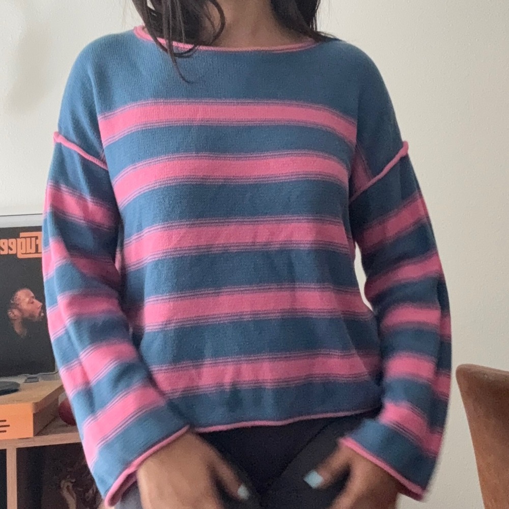 Blue and Pink Striped Slouchy Knit Sweater Boat Neck Large